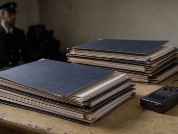Illustration éditoriale sobre montrant des dossiers d’archives judiciaires, un magnétophone de journaliste et la silhouette d’un gendarme dans une ambiance documentaire.