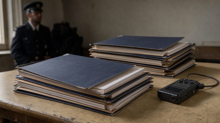 Illustration éditoriale sobre montrant des dossiers d’archives judiciaires, un magnétophone de journaliste et la silhouette d’un gendarme dans une ambiance documentaire.