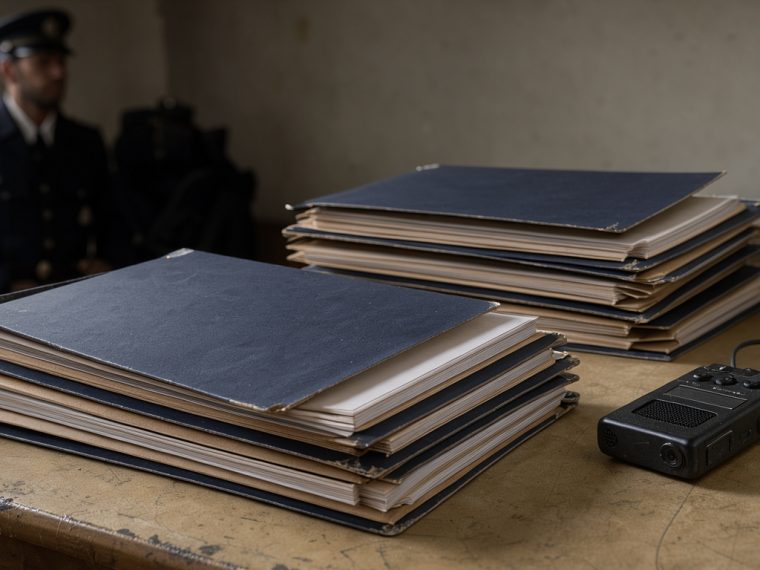 Illustration éditoriale sobre montrant des dossiers d’archives judiciaires, un magnétophone de journaliste et la silhouette d’un gendarme dans une ambiance documentaire.