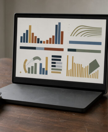Bureau sobre avec ordinateur affichant des graphiques abstraits, carnet de budget fermé et tasse de café sur une surface en bois.