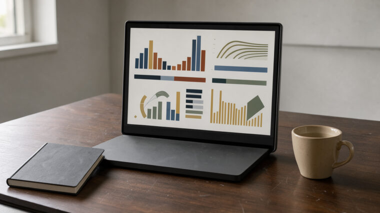 Bureau sobre avec ordinateur affichant des graphiques abstraits, carnet de budget fermé et tasse de café sur une surface en bois.