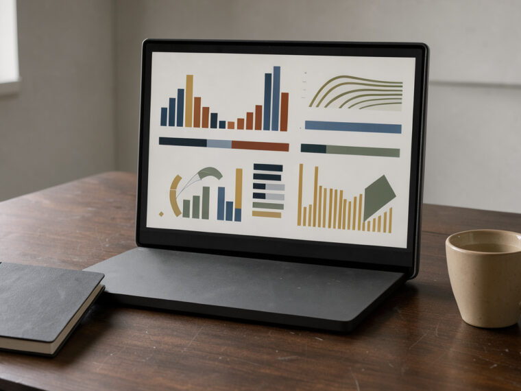 Bureau sobre avec ordinateur affichant des graphiques abstraits, carnet de budget fermé et tasse de café sur une surface en bois.