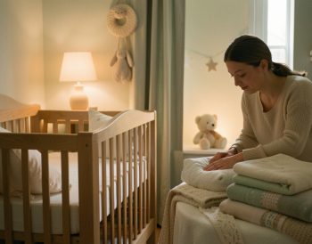 Chambre de bébé chaleureuse avec un berceau en bois, une veilleuse tamisée et une mère préparant calmement le coucher.