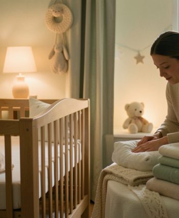 Chambre de bébé chaleureuse avec un berceau en bois, une veilleuse tamisée et une mère préparant calmement le coucher.