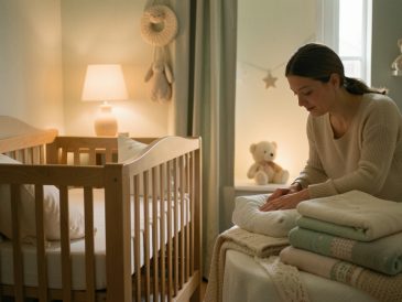 Chambre de bébé chaleureuse avec un berceau en bois, une veilleuse tamisée et une mère préparant calmement le coucher.