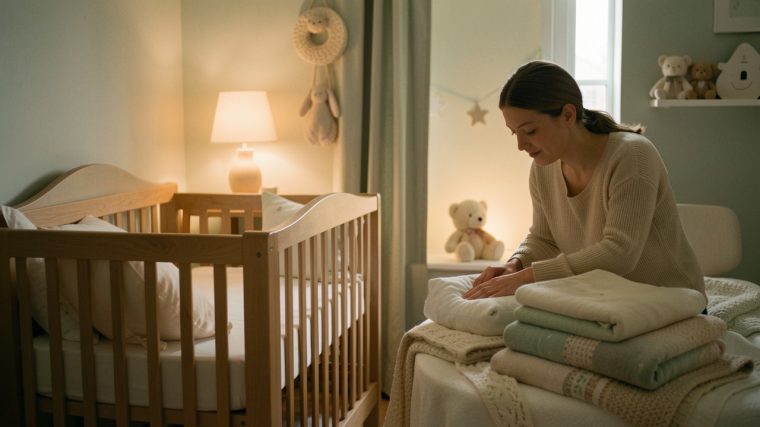 Chambre de bébé chaleureuse avec un berceau en bois, une veilleuse tamisée et une mère préparant calmement le coucher.