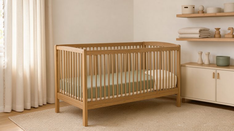 Chambre de bébé douce et lumineuse avec un lit sécurisé, des rideaux occultants et une décoration minimaliste apaisante.