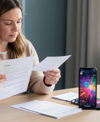 Une citoyenne compare des documents électoraux vierges et des bulletins de vote à côté d’un téléphone affichant une image abstraite aux couleurs vives, dans une ambiance sobre et pédagogique.