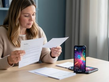 Une citoyenne compare des documents électoraux vierges et des bulletins de vote à côté d’un téléphone affichant une image abstraite aux couleurs vives, dans une ambiance sobre et pédagogique.