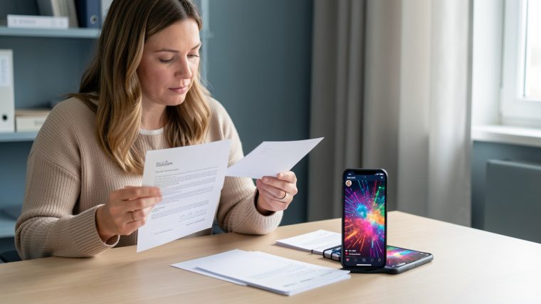 Une citoyenne compare des documents électoraux vierges et des bulletins de vote à côté d’un téléphone affichant une image abstraite aux couleurs vives, dans une ambiance sobre et pédagogique.