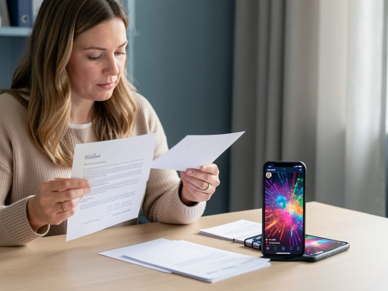 Une citoyenne compare des documents électoraux vierges et des bulletins de vote à côté d’un téléphone affichant une image abstraite aux couleurs vives, dans une ambiance sobre et pédagogique.
