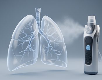 Illustration médicale réaliste montrant des poumons et des bronches en transparence, avec un dispositif électronique d’inhalation et un léger aérosol dans une ambiance sobre et pédagogique.
