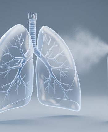 Illustration médicale réaliste montrant des poumons et des bronches en transparence, avec un dispositif électronique d’inhalation et un léger aérosol dans une ambiance sobre et pédagogique.