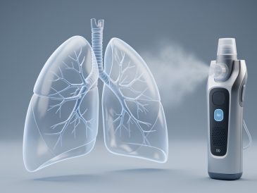 Illustration médicale réaliste montrant des poumons et des bronches en transparence, avec un dispositif électronique d’inhalation et un léger aérosol dans une ambiance sobre et pédagogique.