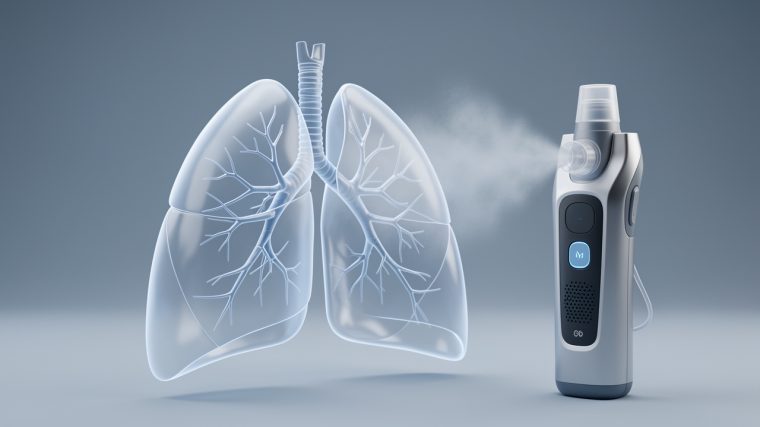 Illustration médicale réaliste montrant des poumons et des bronches en transparence, avec un dispositif électronique d’inhalation et un léger aérosol dans une ambiance sobre et pédagogique.
