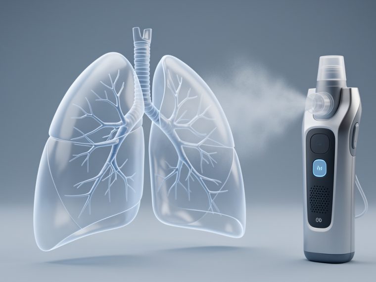 Illustration médicale réaliste montrant des poumons et des bronches en transparence, avec un dispositif électronique d’inhalation et un léger aérosol dans une ambiance sobre et pédagogique.