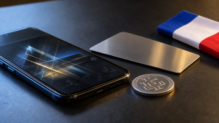 Smartphone, carte de paiement métallique et pièce de cryptomonnaie disposés sur une table élégante avec une lumière bleue et dorée.