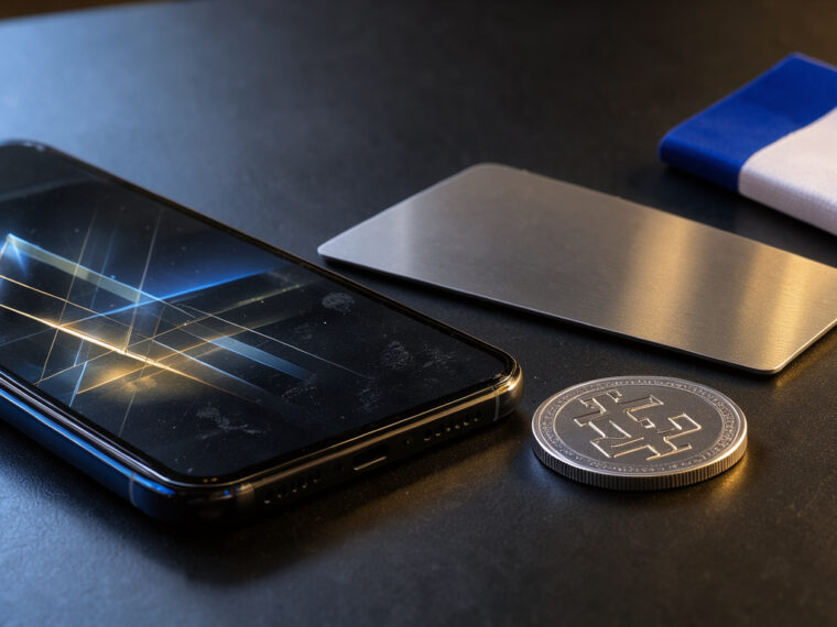 Smartphone, carte de paiement métallique et pièce de cryptomonnaie disposés sur une table élégante avec une lumière bleue et dorée.
