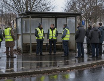 Scène documentaire réaliste d’un rond-point urbain à Brest en hiver, avec plusieurs adultes portant des gilets jaunes de haute visibilité réunis calmement près d’un abri, sans visages reconnaissables.