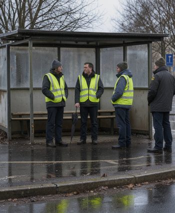 Scène documentaire réaliste d’un rond-point urbain à Brest en hiver, avec plusieurs adultes portant des gilets jaunes de haute visibilité réunis calmement près d’un abri, sans visages reconnaissables.
