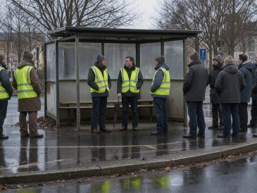 Scène documentaire réaliste d’un rond-point urbain à Brest en hiver, avec plusieurs adultes portant des gilets jaunes de haute visibilité réunis calmement près d’un abri, sans visages reconnaissables.