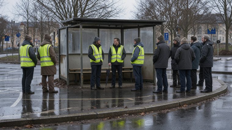 Scène documentaire réaliste d’un rond-point urbain à Brest en hiver, avec plusieurs adultes portant des gilets jaunes de haute visibilité réunis calmement près d’un abri, sans visages reconnaissables.