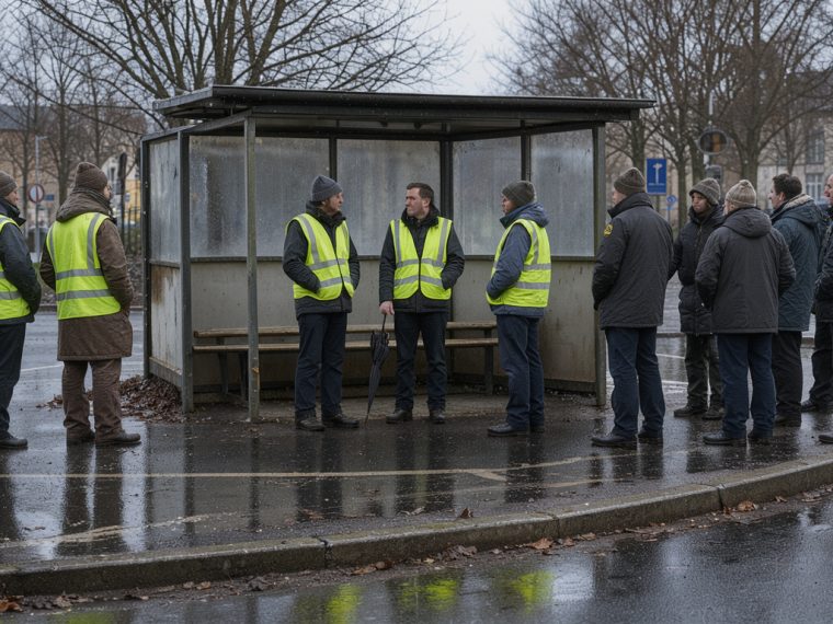 Scène documentaire réaliste d’un rond-point urbain à Brest en hiver, avec plusieurs adultes portant des gilets jaunes de haute visibilité réunis calmement près d’un abri, sans visages reconnaissables.